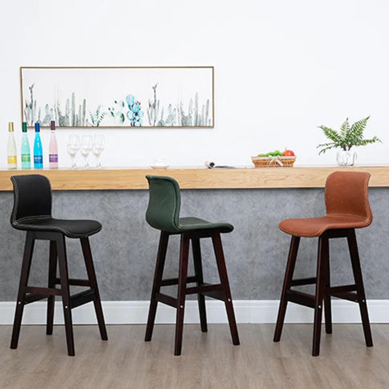 Contemporary Scandinavian PU Leather Solid Wood Curved Square Bar Stool With Backrest For Dining Room