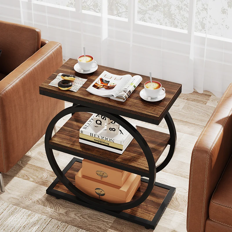 Contemporary Industrial MDF Carbon Steel Dual Ring Frame End Table 3-Tier Storage Shelves For Living Room