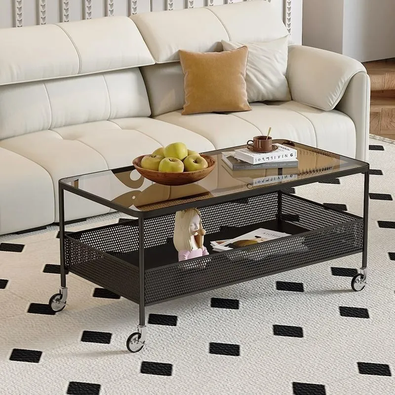 Modern Minimalist Tempered Glass Carbon Steel Rectangular Mobile End Table 2-Tier For Living Room