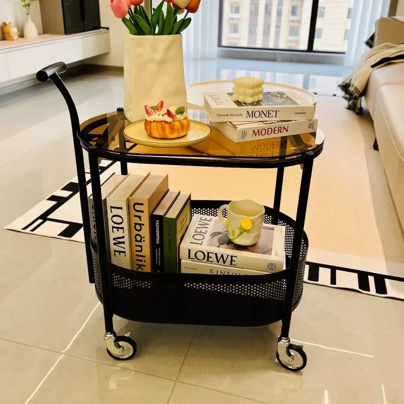 Modern Minimalist Tempered Glass Metal Oval Mobile End Table 2-Tier For Living Room