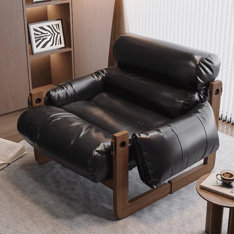 Traditional Chinese Faux Oil-Wax Leather Wood Curved Square Accent Chair With Backrest & Armrest For Living Room