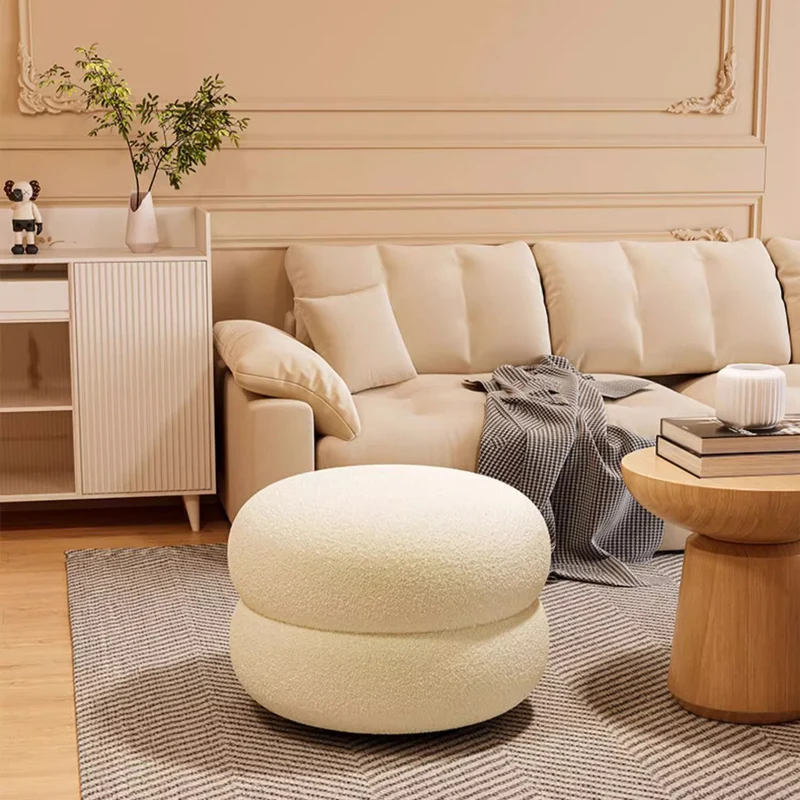 Modern Minimalist Sherpa Fabric Solid Wood Flat Round Low Stool For Living Room