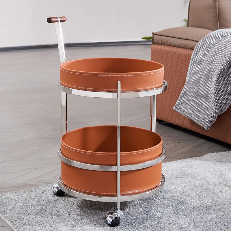 Rolling Round Elegant Saddle-Style Faux Leather Solid Wood End Table - Creative Multifunction Tea Trolley For Living Room