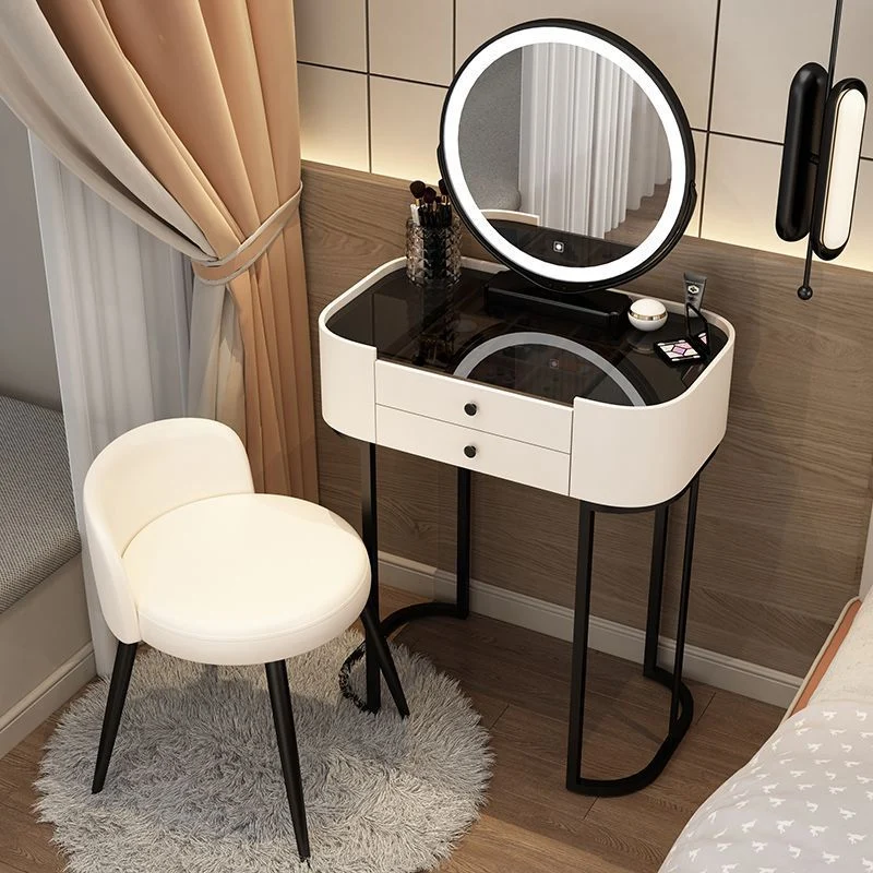 Modern Minimalist Iron Wood Glass PU Leather Rectangular Makeup Vanity & Stool Set With LED Mirror & 2 Drawers For Bedroom