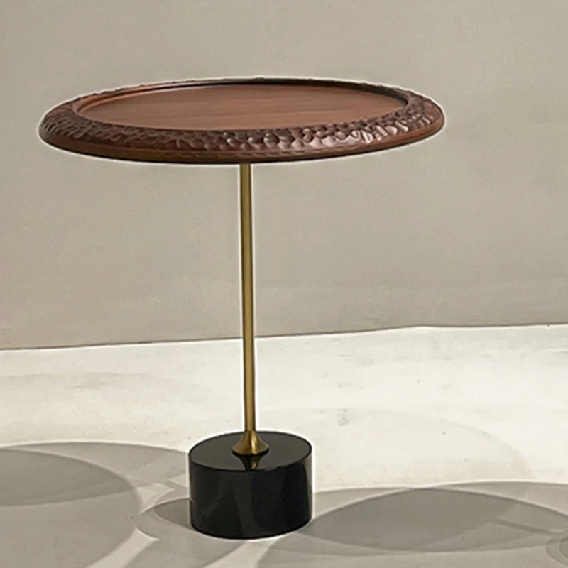 Hammered Edge Round Solid Wood Natural Marble End Table - Vintage Artistic Side Table For Living Room