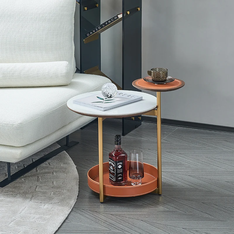Two-Layer Round Rock Slab Ironwood Veneer Saddle-Style Faux Leather End Table - Creative Accent Side Table For Living Room