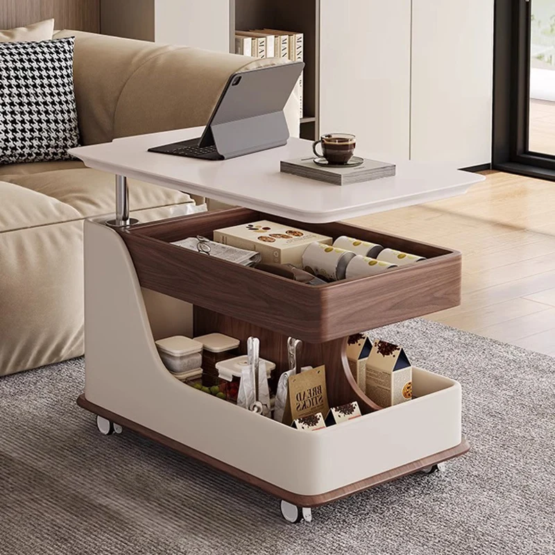 Traditional Chinese Sintered Stone Medium-Density Fiberboard Metal Mobile Rectangular Curved Side Table 2-Tier For Living Room