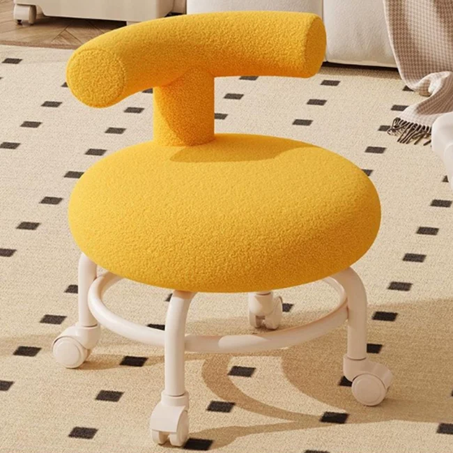 Contemporary Scandinavian Fleece Sherpa Fabric Solid Wood Steel Round Curved Low Stool With Backrest For Living Room