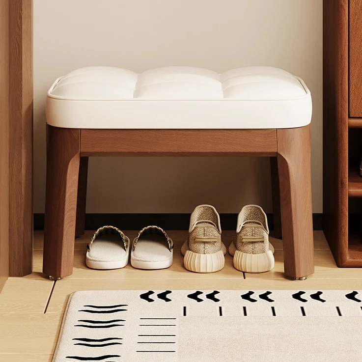 Modern Minimalist PU Leather Solid Wood Grid Rectangular Low Stool For Entryway & Living Room