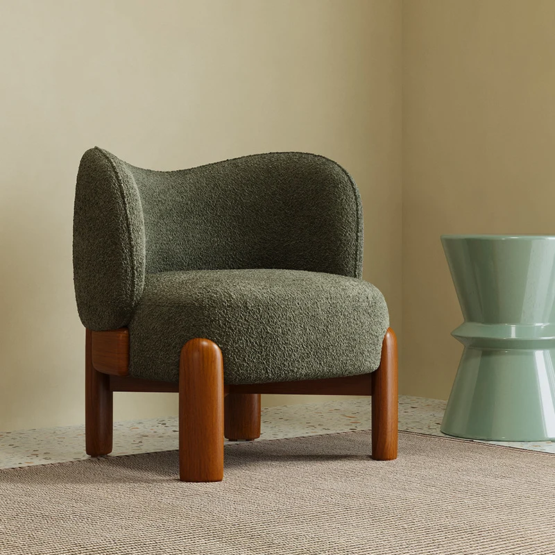Traditional Chinese Chenille Fabric Oak Wood Curved Round Accent Chair With Backrest For Living Room