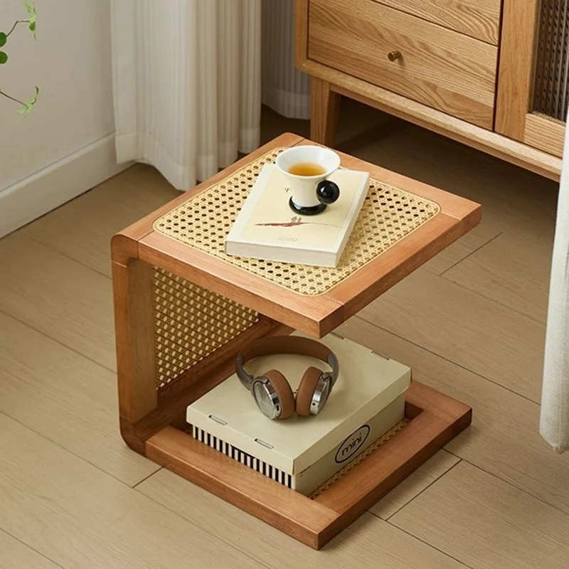 Traditional Rustic U-Shape Plywood Faux Rattan Weaving End Table 2-Tier For Living Room
