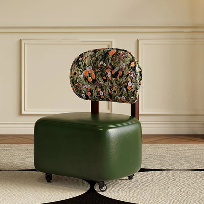 Traditional Chinese Microfiber Leather Fabric Solid Wood Semi-Circle Patterned Low Stool With Backrest For Living Room