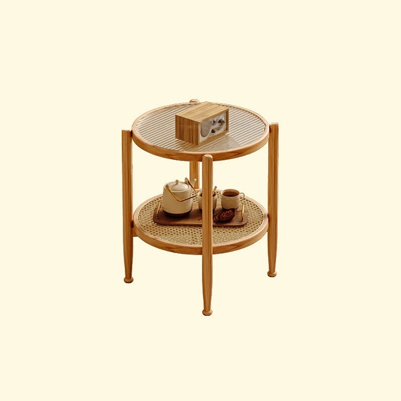 Traditional Japanese Round Glass Faux Rattan Rubberwood End Table 2-Tier For Living Room