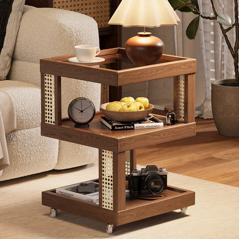 Traditional Vintage Rubberwood Glass Square Mobile End Table With 3-Tier For Living Room