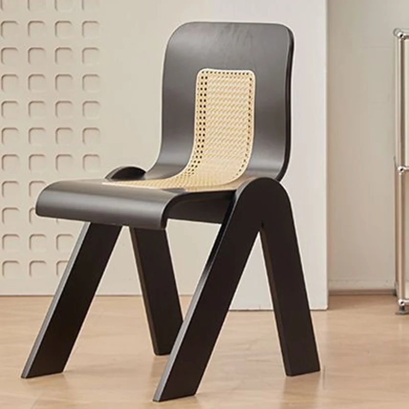 Traditional Vintage Arc V-Shape Rubberwood Plywood Plastic Rattan Weaving Dining Chair Backrest Armless For Dining Room
