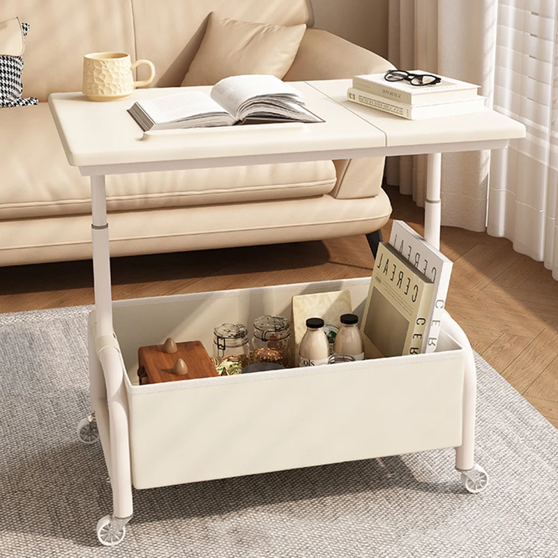 Modern Minimalist Rectangular MDF Carbon Steel Fabric Elevatable Movable End Table 2-Tier For Living Room