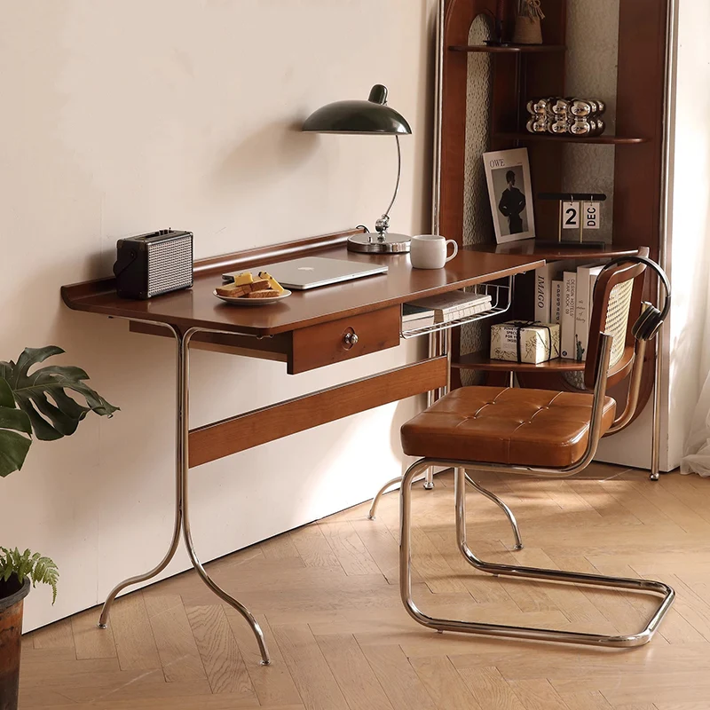 Traditional Mid-Century Cherry Wood Stainless Steel Y-Shaped Rectangular Desk 1-Tier For Bedroom