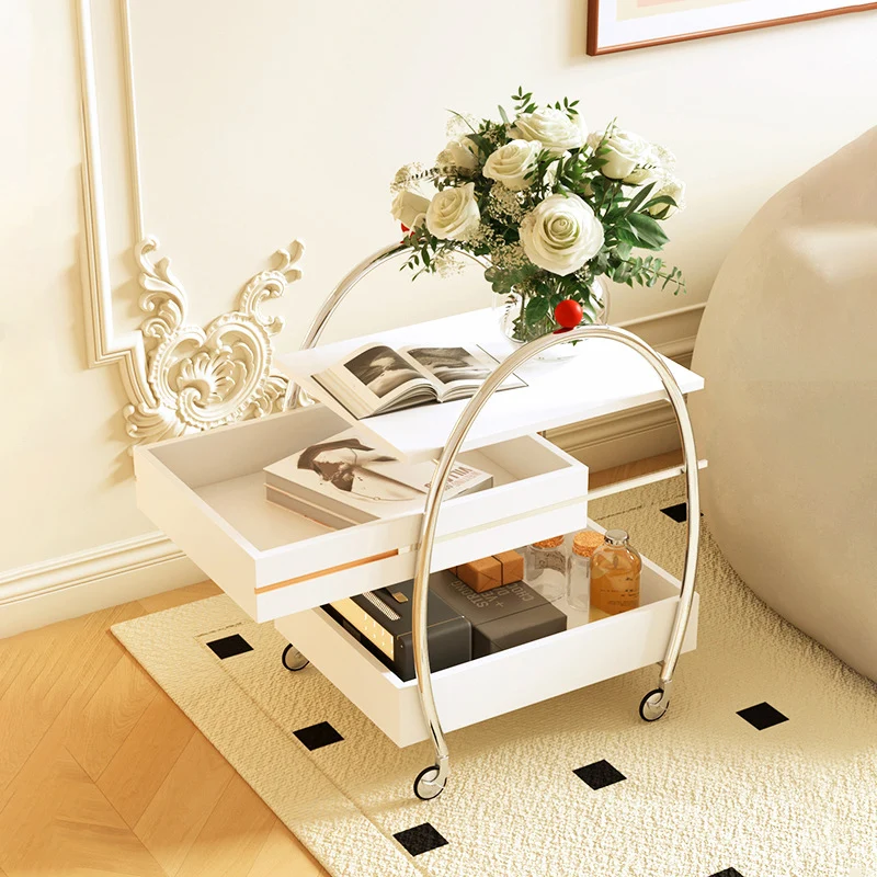 Traditional Chinese Stainless Steel Panel Rectangular Arched Mobile Side Table With 3 Tiers For Living Room