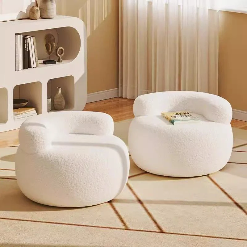 Modern Minimalist Sherpa Fabric Solid Wood Round Curved Low Stool With Backrest For Living Room