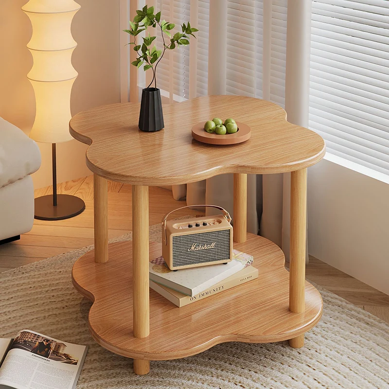 Traditional Vintage Medium Density Fiberboard Solid Wood Clover Shape Movable 2-Tier End Table For Living Room