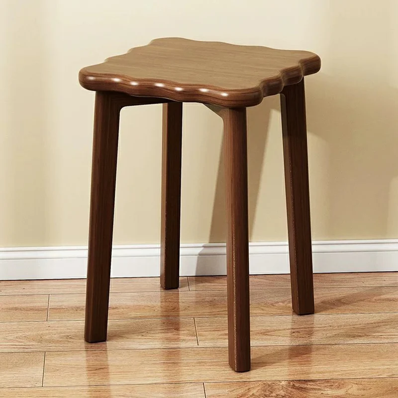 Traditional Chinese Rubberwood Wavy Edge Square Dining Stool Stackable Chair For Dining Room