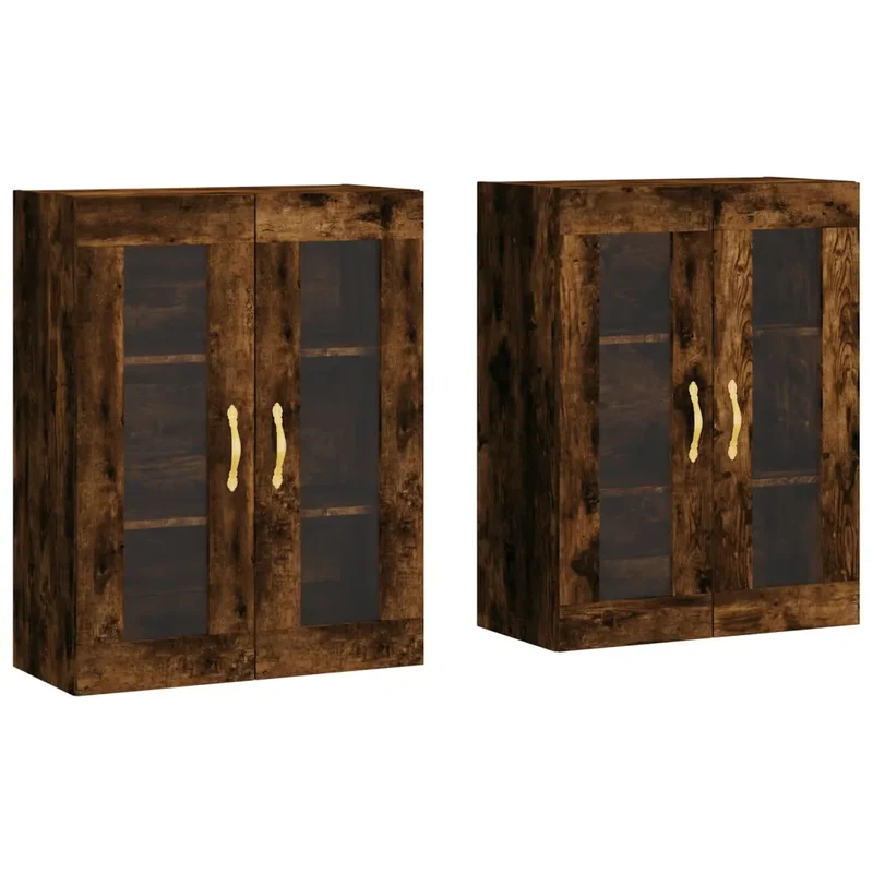 Lot de 2 armoires murales avec porte vitrée pratique 69,5 x 34 x 90 cm en bois d'ingénierie chêne fumé 02_0055419