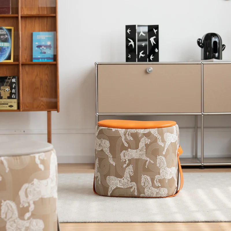 Contemporary Luxury Square Saddle-Style Faux Leather Pouf Footstool For Entryway