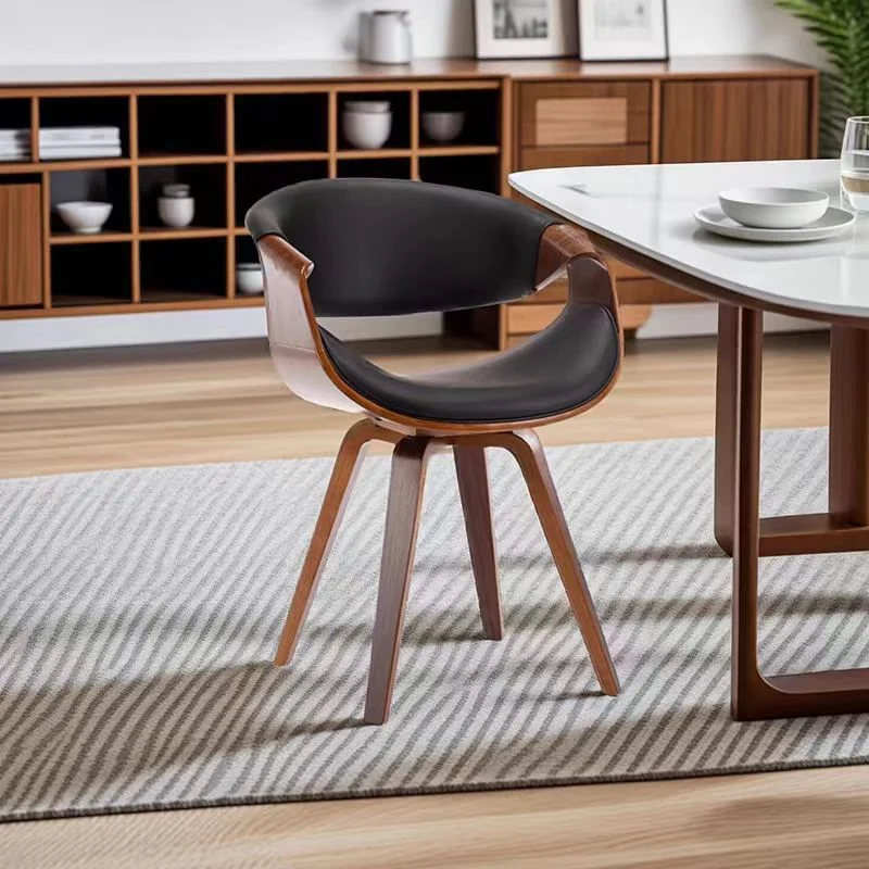 Contemporary Nordic Curved Bentwood Cotton Linen PU Leather Dining Chair Backrest Armrest For Dining Room