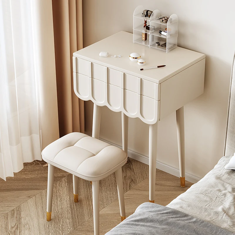 Modern Minimalist Fiberboard Metal Rectangular Arch Makeup Vanity & Stool Set With Flip Top LED Mirror & 2 Drawers For Bedroom