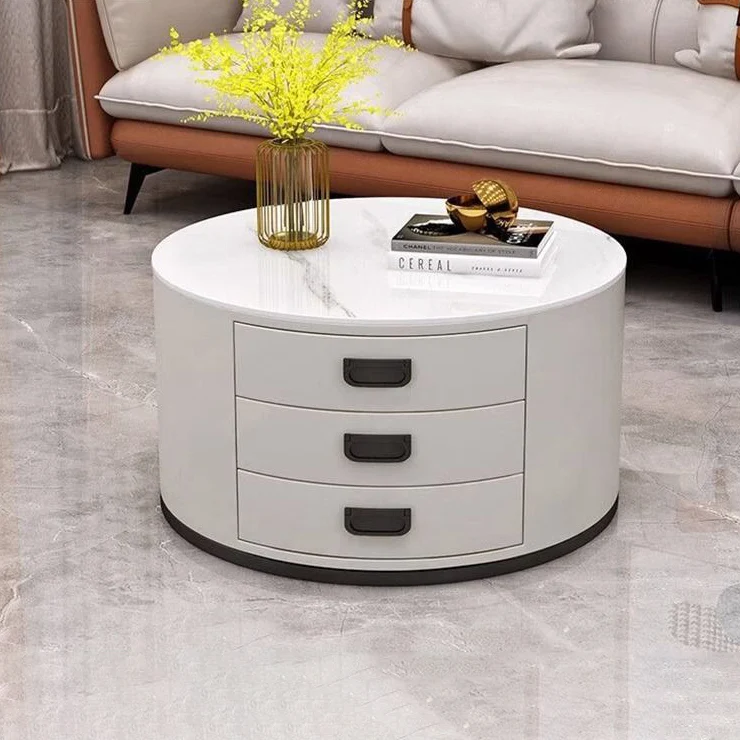 Contemporary Scandinavian Sintered Stone Faux Leather Solid Wood Cylindrical Round End Table 3-Drawer For Living Room