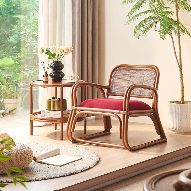 Traditional Japanese Square Velvet Rattan Weaving Sponge Accent Chair Backrest Armrest For Living Room