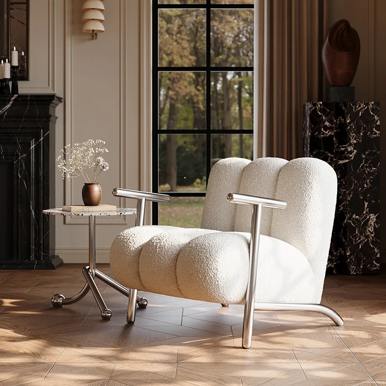 Traditional Chinese Sherpa Fabric Suede Wood Stainless Steel Square Wave Accent Chair With Armrest & Backrest For Living Room
