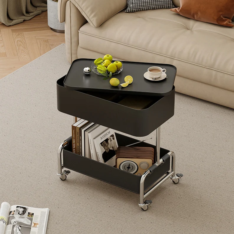 Contemporary Creative Medium-Density Fiberboard Iron Faux Leather Rounded Square Mobile End Table With 2 Tiers For Living Room