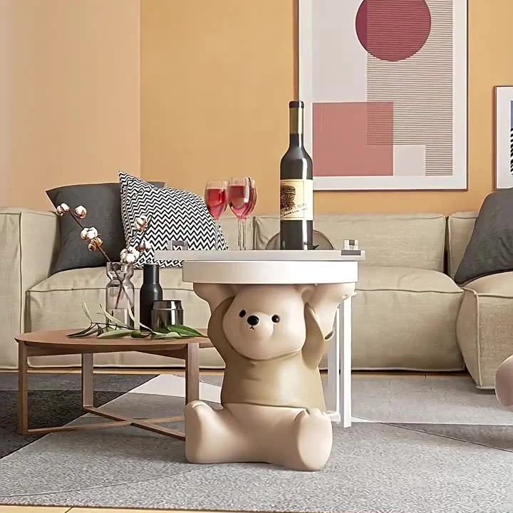 Modern Art Deco Resin Fiberglass Bear-Shaped Round End Table 1-Tier For Living Room