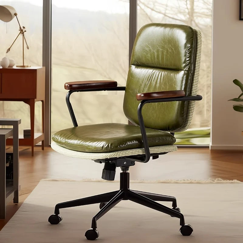Contemporary Luxury Square Oil Wax Leather Carbon Steel Height Adjustable Swivel Desk Chair Backrest Armrest For Home Office