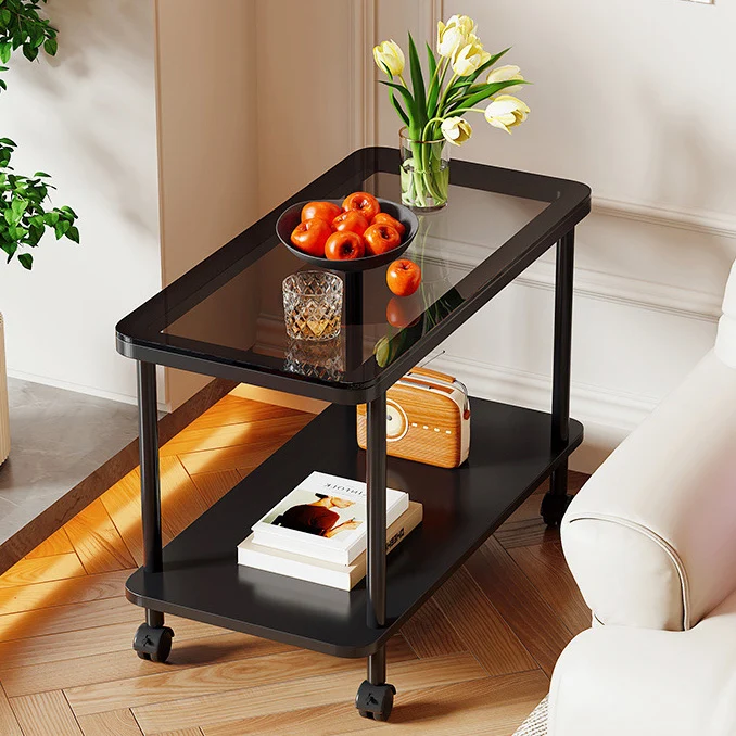 Contemporary Simplicity Rectangular Glass Top Iron End Table 2-Tier Casters For Living Room