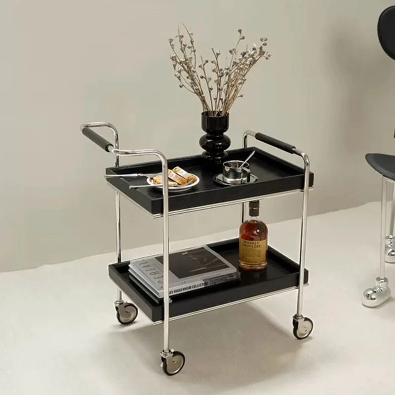 Contemporary Retro Rectangular Pine Tray Top Stainless Steel End Table 2-Tier Rolling Cart For Living Room