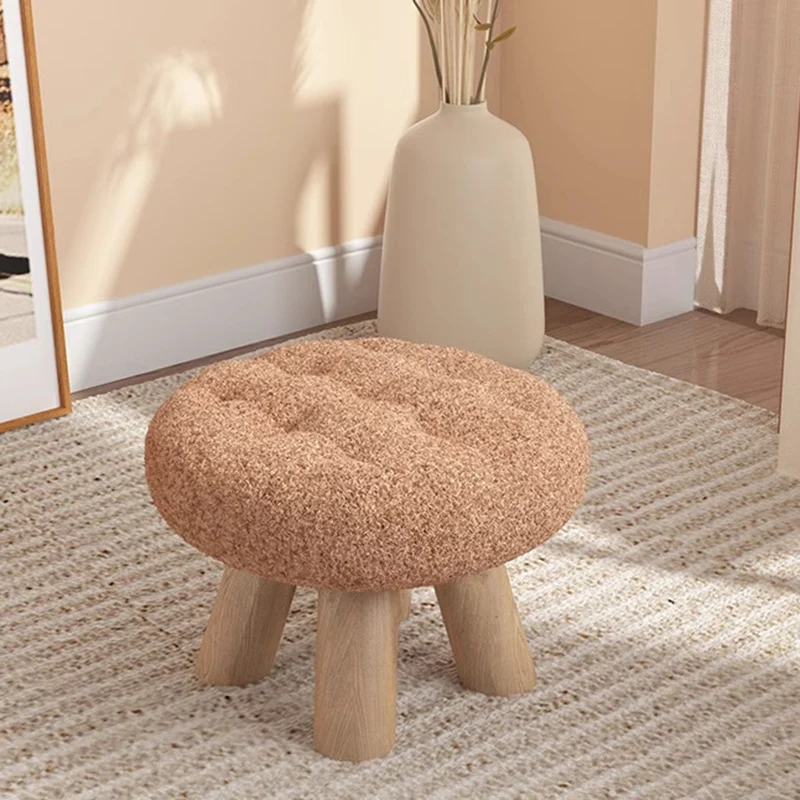 Contemporary Scandinavian Sherpa Fabric Pine Wood Round Cookie Low Stool With Stackable Design For Living Room