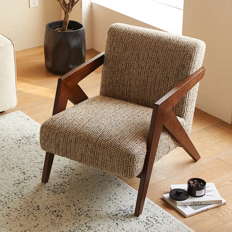 Traditional Chinese Cotton Linen Solid Wood Rounded Accent Chair With Armrest Backrest For Living Room