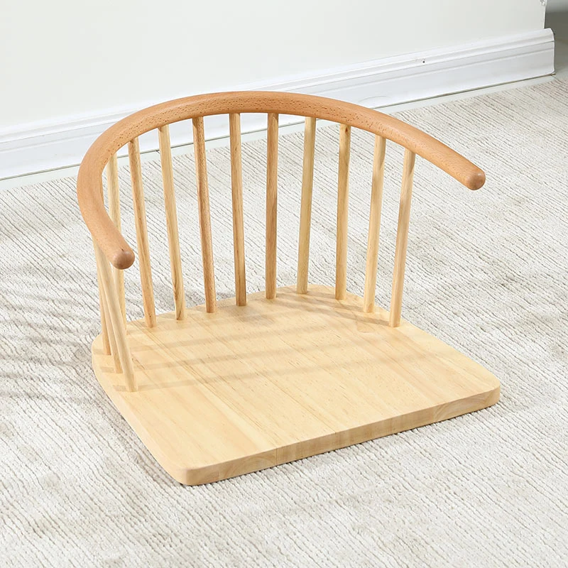 Traditional Japanese Cotton-Linen Rubberwood Curved Floor Chair With Backrest For Living Room