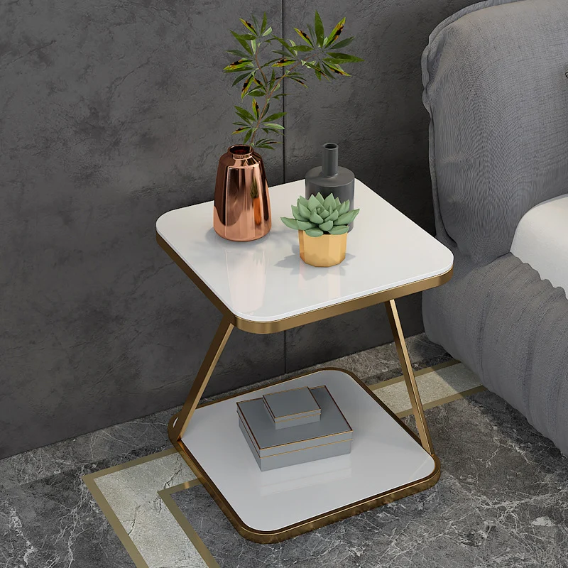 Contemporary Scandinavian Marble Iron Rounded Square End Table With 2-Tier For Living Room