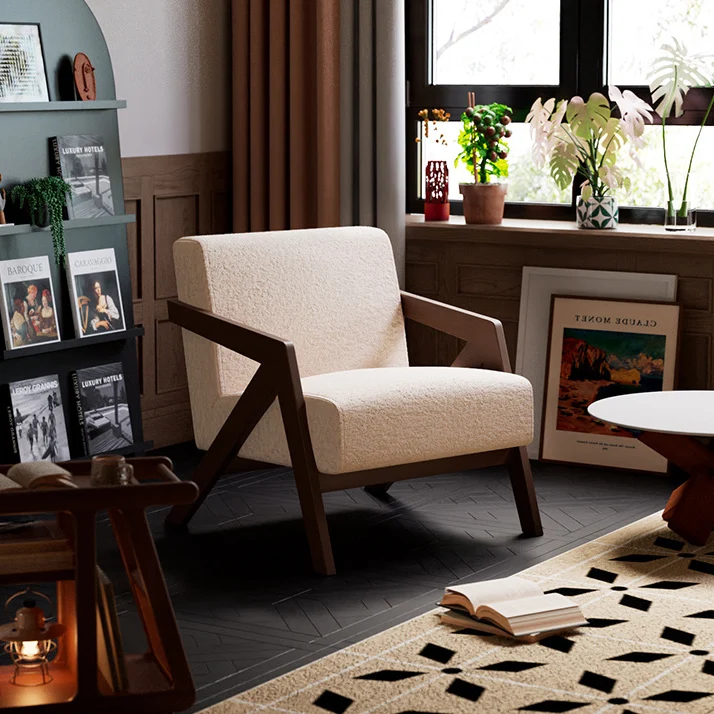 Traditional Vintage Rectangular Rubberwood Sherpa Fabric Jacquard Sponge Cotton and Linen Single Person Accent Chair Backrest Armrest For Living Room