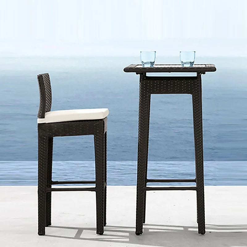 Contemporary Industrial Square Steel PE Rattan Weaving Waterproof Fabric Seat Bar Stool Backrest Footrest For Outdoor Patio
