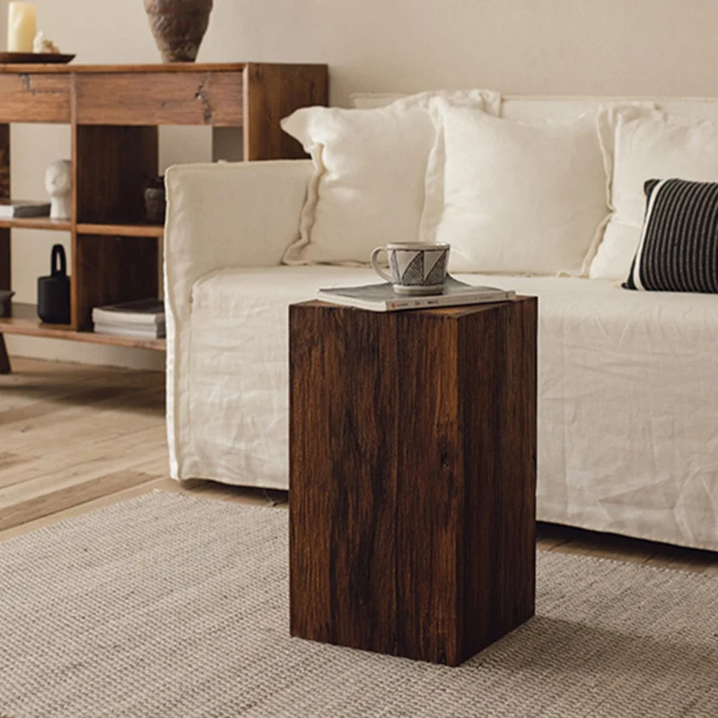 Traditional Vintage Column Distressed Wood Grain Pine Wood End Table For Living Room