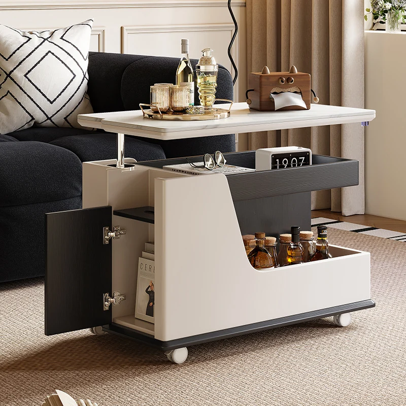 Contemporary Luxury Rectangular Rock Slabs Stainless Steel & MDF Liftable End Table 3-Tier For Living Room