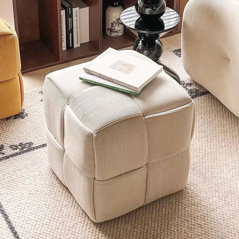 Contemporary Nordic Corduroy Solid Wood Square Cube Low Stool With Anti-Slip Feet For Bedroom & Living Room