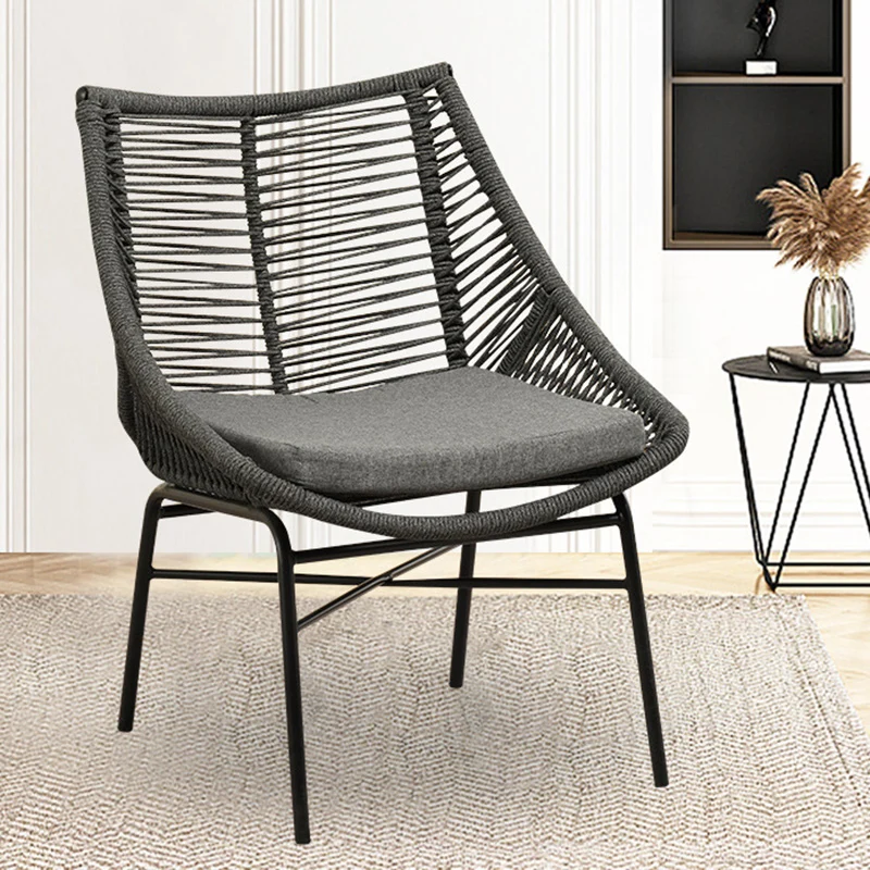Traditional Chinese Rattan Cotton Metal Hollow Semi-Round Accent Chair With Backrest For Living Room