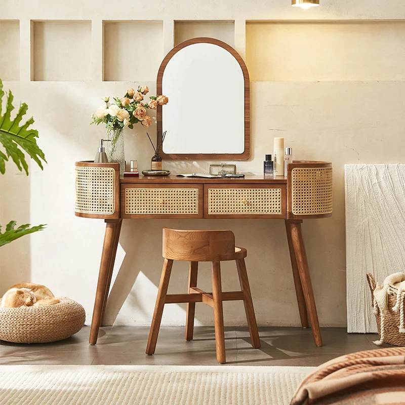 Contemporary Retro Oblong Ash Wood Plywood Indonesian Natural Rattan Weaving Dressing Table 2-Drawer For Bedroom