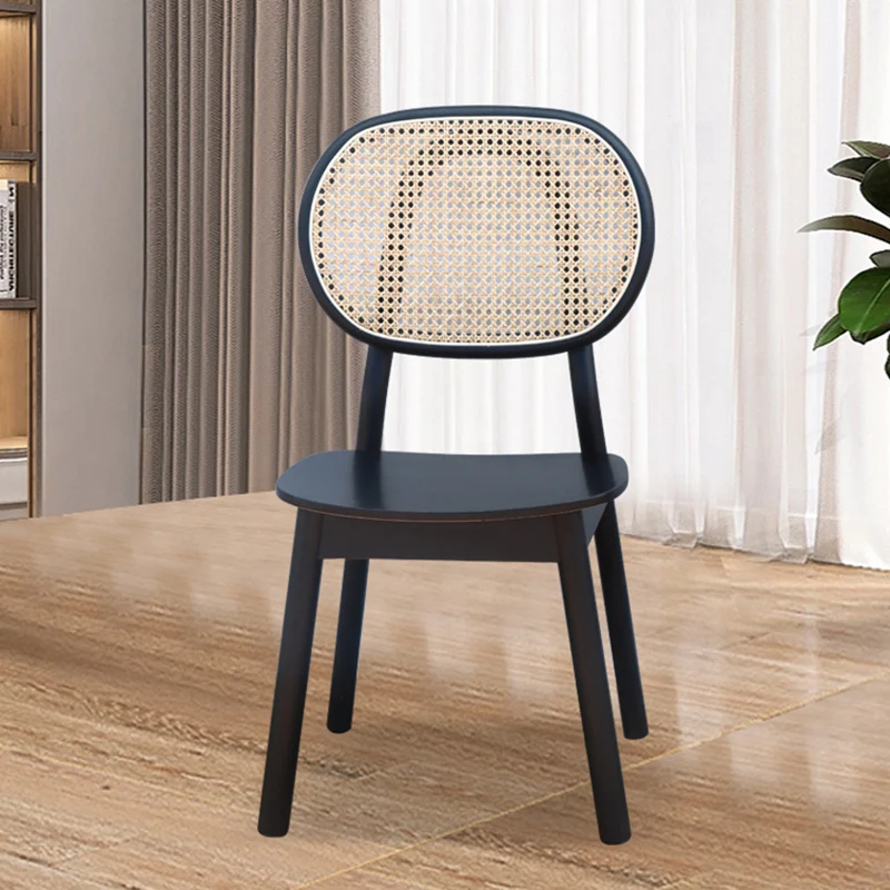 Contemporary Nordic Rectangular Rubberwood Solid Wood Plywood Rattan Weaving Dining Chair Backrest Armless For Dining Room