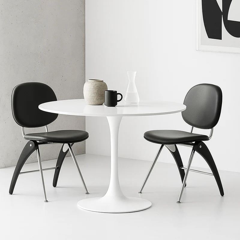 Modern Mid-Century Faux Leather, Wood & Stainless Steel Round Dining Chair For Bedroom, Living Room & Dining Room